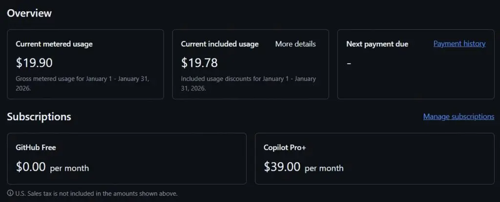 Figure 1: Someone using a GitHub Copilot Pro+ usage meter to control usage to keep costs low.