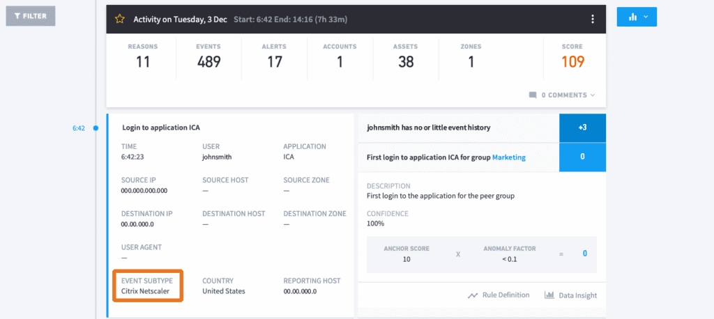 Figure 1: Exabeam Smart Timelines put the data sources and EDR alerts together for review.