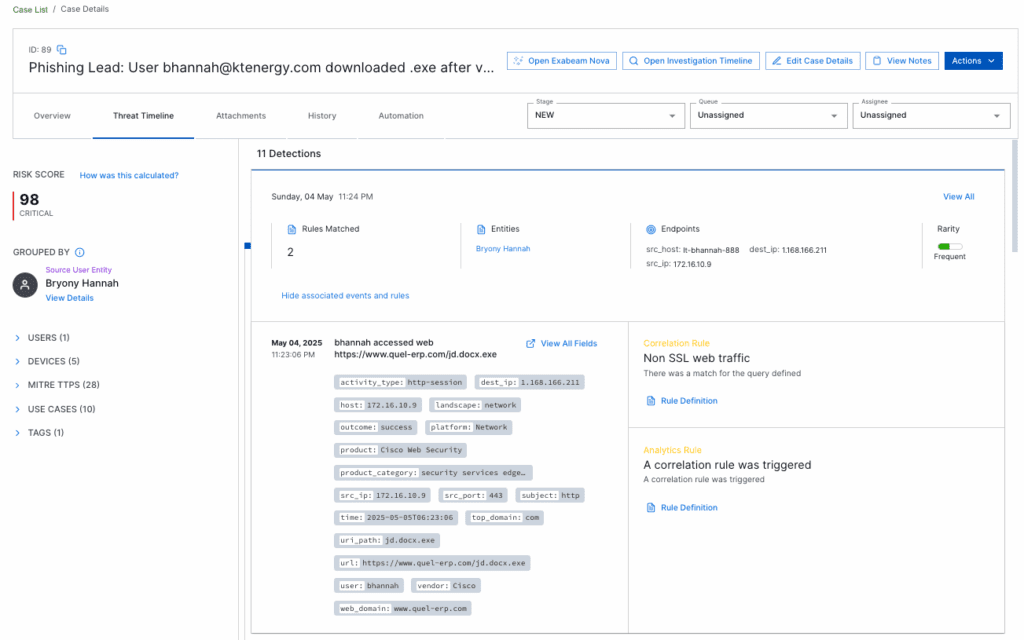 Figure 1. New-Scale Analytics automatically assembles timelines, connecting related events to accelerate investigation and reduce analyst effort.