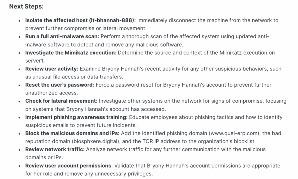 Figure 3 – Exabeam Nova provides prescriptive next steps to ensure consistent response from analysts of all skill levels