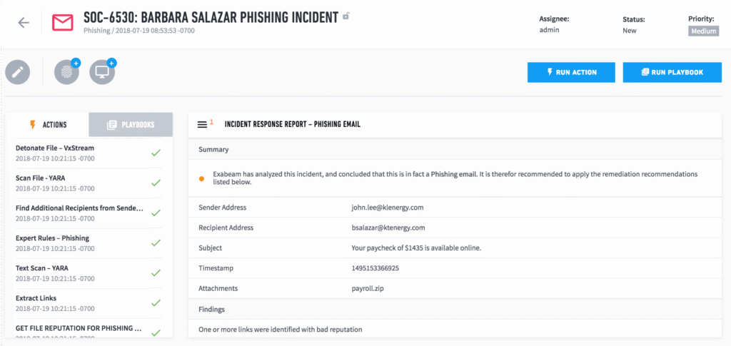 Figure 3: An automated response playbook collecting evidence on the incident, extracting links, getting email reputation for phishing email verification, and detonating files.