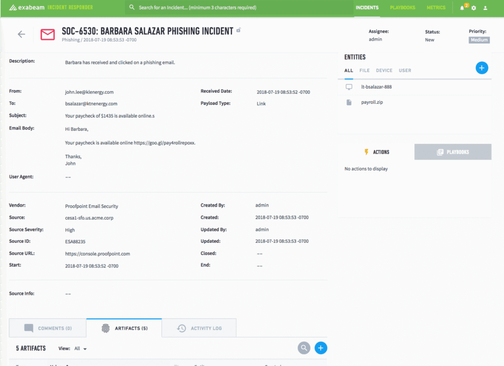 Figure 1: An incident created after the user received and clicked on a phishing email, with the artifacts and evidence collected.