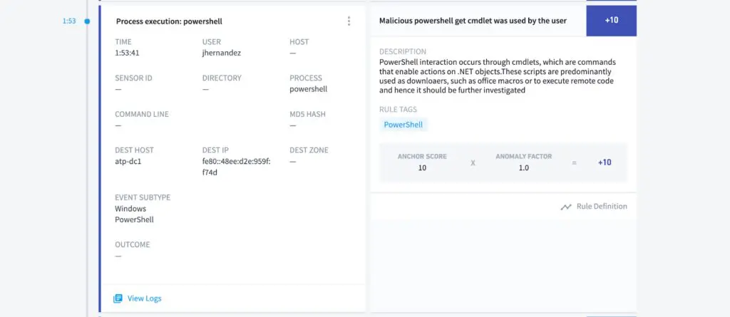 Figure 5: Detecting abnormal PowerShell cmdlets in AA