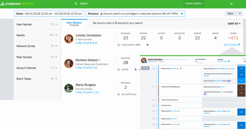 Figure 5: Threat hunting search results returning timelines, instead of individual event logs