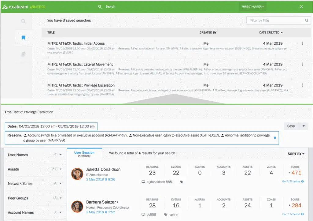 Figure 6: Examples of tactics used within the MITRE ATT&CK framework saved as threat hunting queries