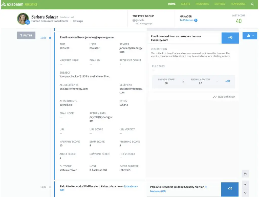 Figure 1: An abnormal email anomaly shown in a machine-built incident timeline.