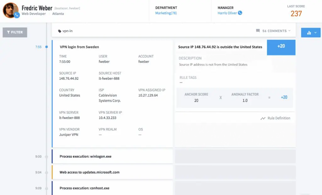 Figure 2: This user timeline shows the user Fredric Weber VPNing from outside his normal location.