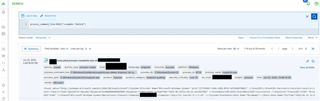 Figure 8 Sysmon log collected by Exabeam SIEM