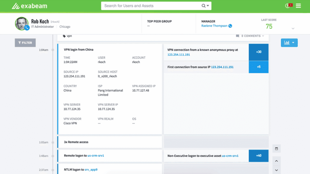 Figure 3 –Timeline showing all the behaviors stitched together: VPN access from an anonymous IP and logon to the executive asset, and the associated risk scores for the activity.
