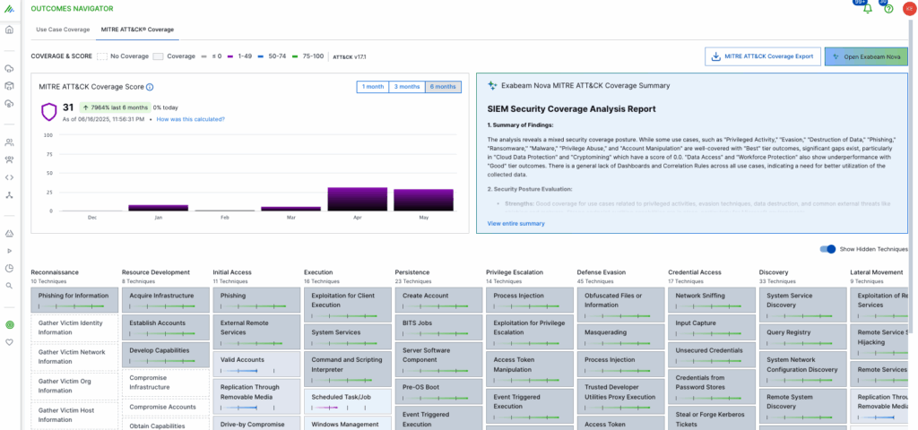 Figure 2: Exabeam Nova showing a summary of findings, providing a security posture evaluation, recommended improvements, and a future strategy.