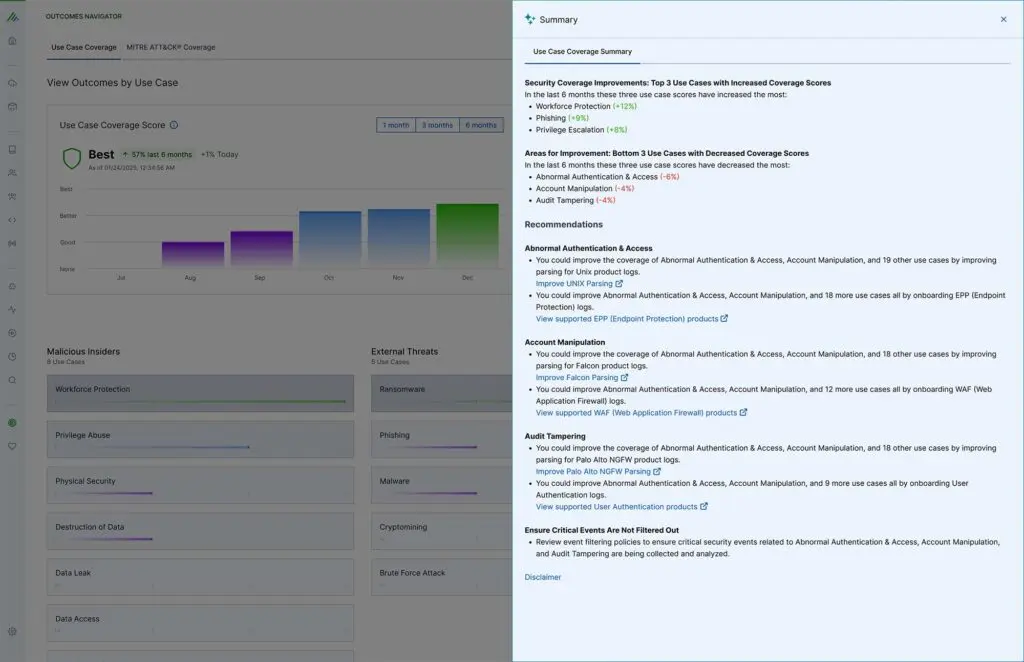 Figure 2. Exabeam Nova automatically generates a use case coverage summary with prioritized recommendations to help teams track progress, identify detection gaps, and guide continuous improvement.