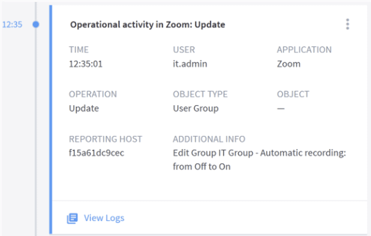 2: Changes made to Zoom settings by an administrator form part of the investigation timeline in Exabeam Advanced Analytics