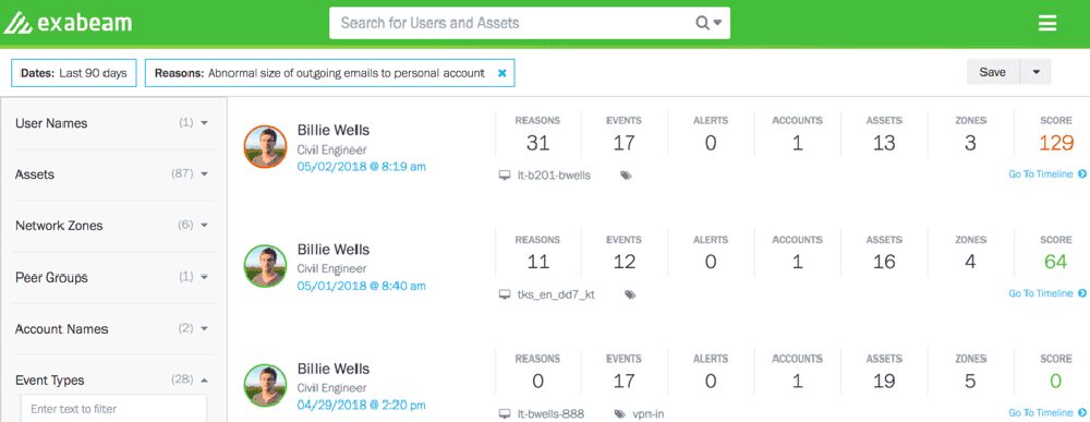 Figure 2 – Threat hunting shows one user with multiple events related to abnormal email size sent to their personal account
