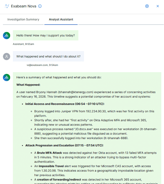 Figure 2. A user asks the Exabeam Nova Investigation Agent about the case and response options