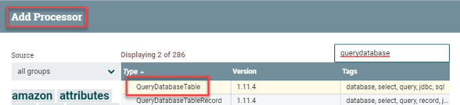 Figure 12: Add QueryDatabaseTable as the first processor.