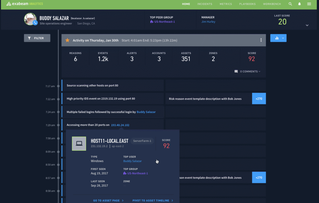 Figure 1: Exabeam Smart Timelines in dark mode