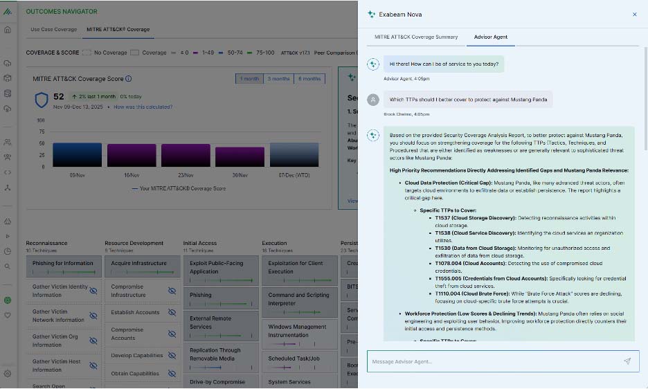 Figure 3. Conversing with Exabeam Nova in Outcomes Navigator about closing gaps related to Mustang Panda.