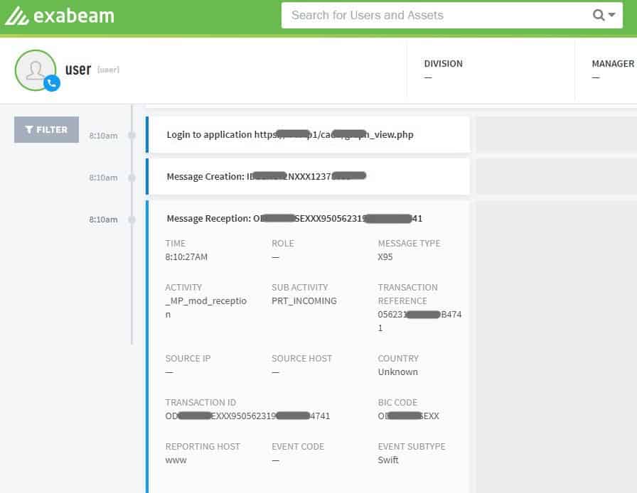 Figure 3: A SWIFT event created in Exabeam Advanced Analytics