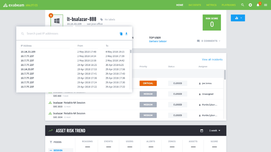Figure 3: Exabeam Advanced Analytics correlates the IP addresses to detect lateral movement.