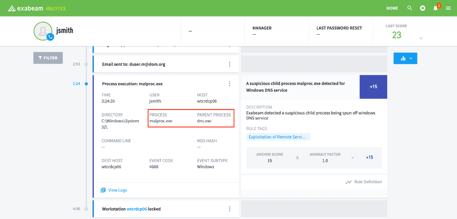 Figure 3: Exabeam Advanced Analytics Timeline audits Windows Process Creation logs for suspicious activity that indicates evidence of SIGRed.
