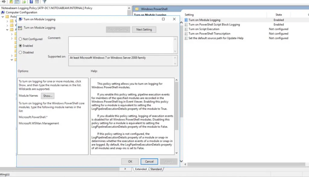 Figure 2: Enabling module logging in GPO policy for PowerShell