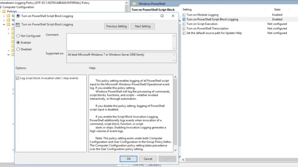 Figure 3: Enabling script logging in GPO policy for PowerShell