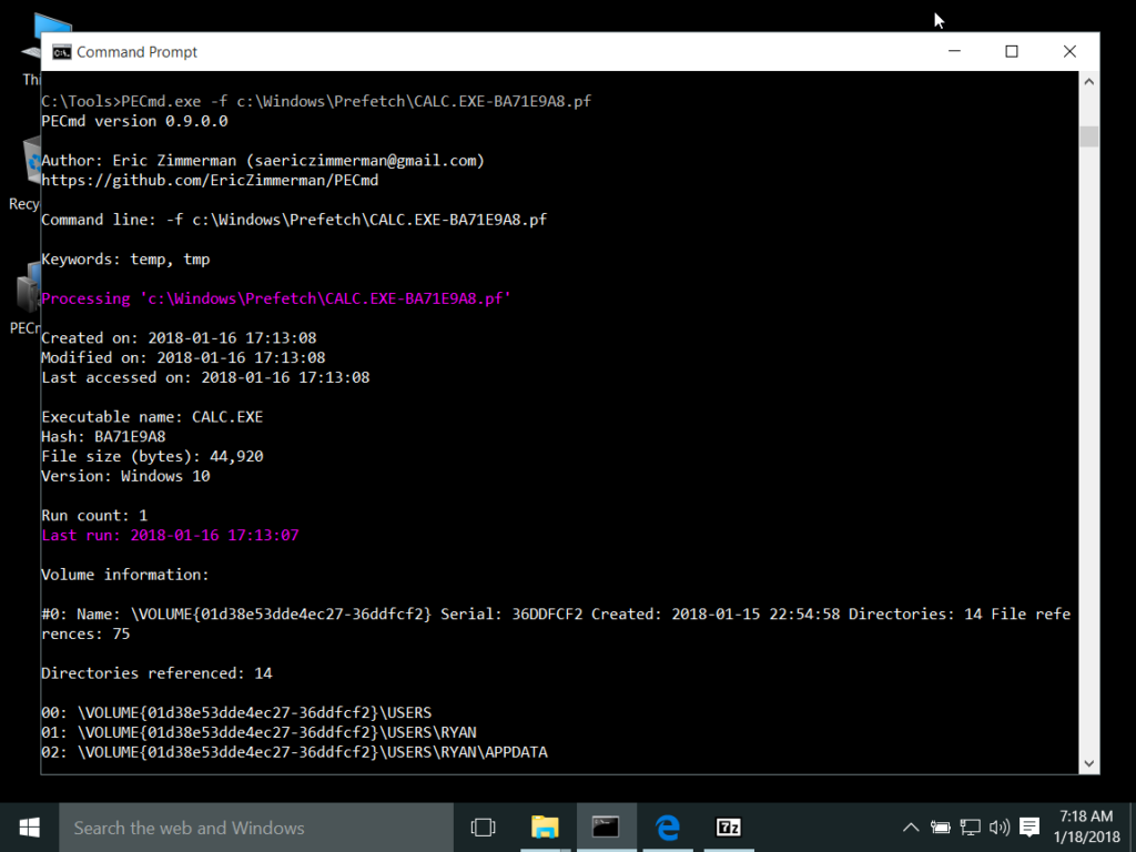 Example of PECmd (https://ericzimmerman.github.io/) analyzing a Prefetch file