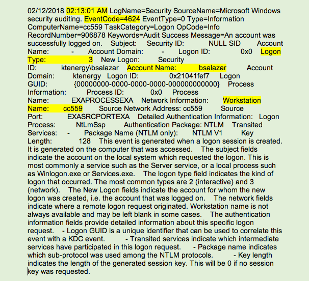 Figure 1. Windows event code 4624 for user Barbara Salazar connecting to a shared network folder