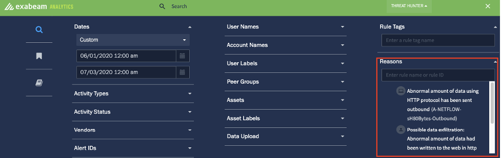 Exabeam Analytics dashboard - Reasons