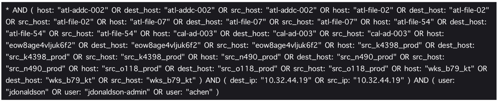 Figure 1: Legacy SIEM query that searches for known IPs, users, and hostnames