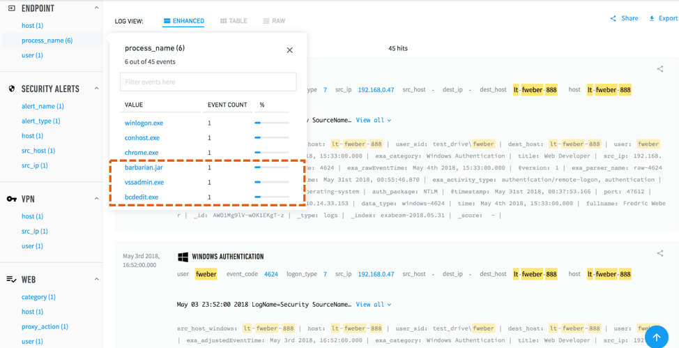 Figure 2: A search result within Exabeam Data Lake shows some processes running on an endpoint. This requires further investigation to determine if these processes are normal executables.