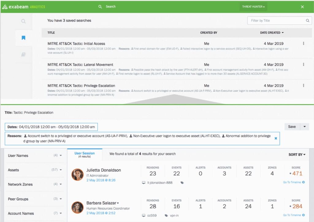 Figure 6: Examples of tactics used within the MITRE ATT&CK framework saved as threat hunting queries