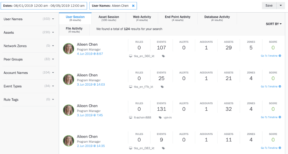 Figure 6: The resulting list shows when the infected user, Aileen, was present in the IT environment. Each result includes a timeline of their activity.
