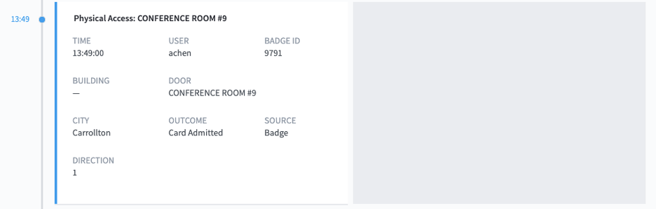 Figure 9: A detailed look at the physical access log data shows the infected employee, Aileen, badged into a specific conference room at 1:49 p.m.