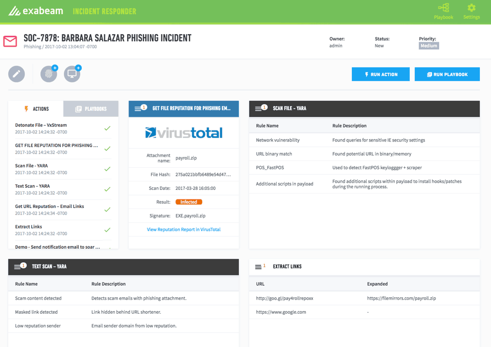 Figure 3 – Exabeam Incident Responder playbooks runs show results in multiple cards for quick review