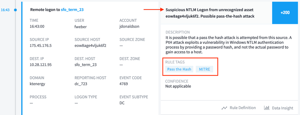 Figure 5: The attacker moves laterally at 16:43 using the Pass the Hash technique.