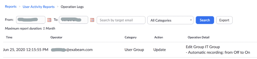 Figure 1: Zoom Operation Logs data, showing the actions taken by the administrator, as it appears in the Zoom application.