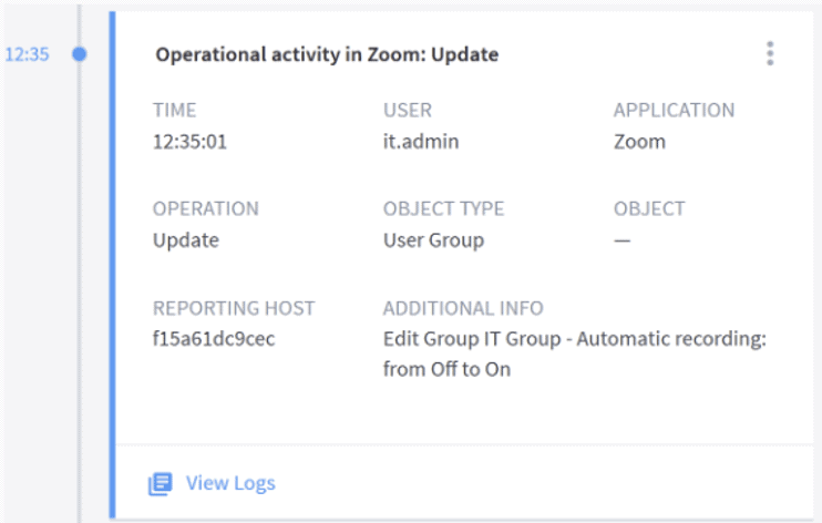 Figure 2: Changes made to Zoom settings by an administrator form part of the investigation timeline in Exabeam Advanced Analytics.