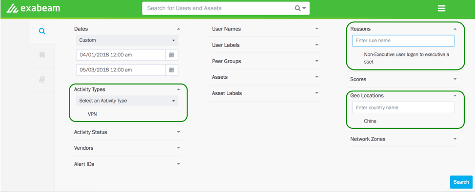 Figure 1 – Exabeam Threat Hunter – analysts can select user activity, risk reasons, and geo-location to pinpoint any non-executive users who logged into the network by VPNing from China, accessing an executive asset.