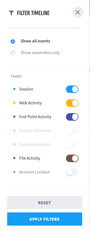 Figure 4: Filter your search to get information about user log in, data sources and file activity.