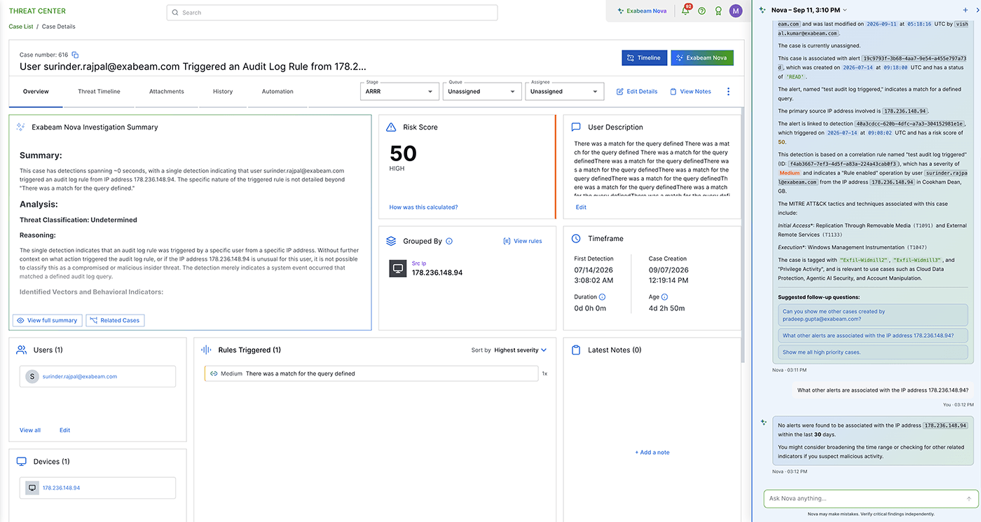 Figure 1. Exabeam Nova follows analysts through investigations while maintaining conversational context.