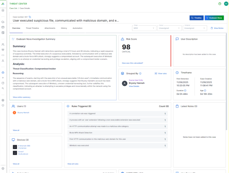 Exabeam Threat Center Dashboard