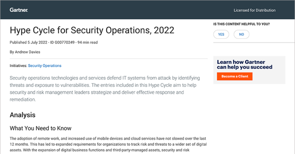 Gartner® Report: Hype cycle™ for Security Operations, 2022