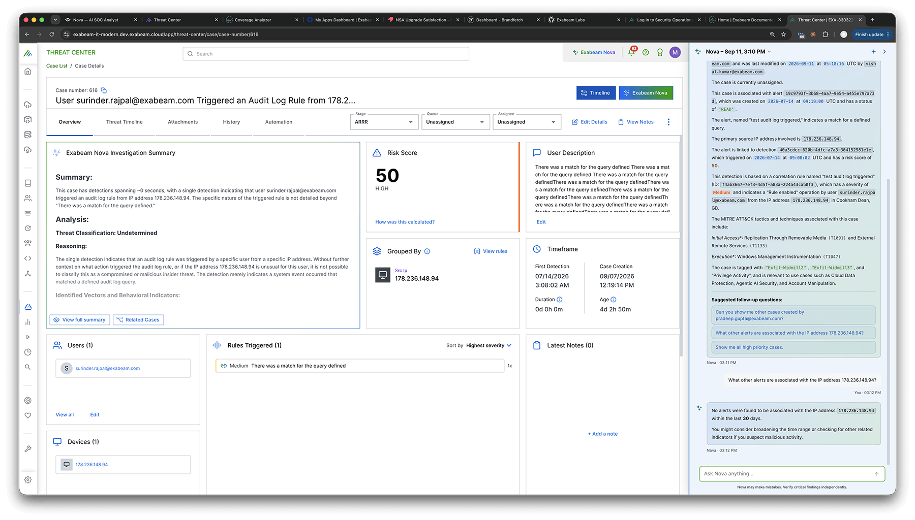 Exabeam Nova as a platform-wide assistant